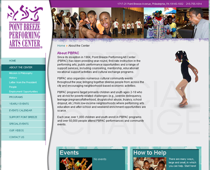Point Breeze Performing Arts Center web screenshot