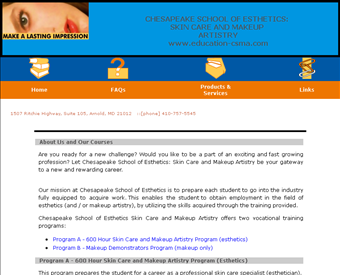 Chesapeake School of Esthetics Skin Care & Make Up Artist web screenshot